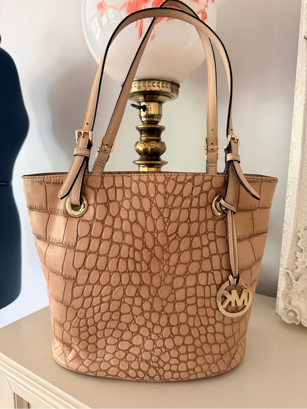 Michael Kors Taupe Croc-Embossed Leather Tote with Gold Hardware